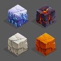 Isometric game nature brick cubes set. Vector lava cube, stone and ice cube design elements. Royalty Free Stock Photo