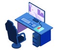 Isometric gamer setup chair, keyboard mouse speaker computer display tablet table isolated vector