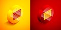 Isometric Garage icon isolated on orange and red background. Circle button. Vector Illustration