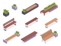 Isometric garden benches. Wooden summerhouse backyard or city park bench, modern bench with planting of greenery 3d vector Royalty Free Stock Photo