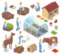 Isometric garden, farm characters, 3d greenhouse, agriculture elements. Gardeners, farm workers and farm animals vector
