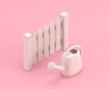 Isometric Garden fence and watering can, 3d Icon in flat color pink room,single color white,3d rendering