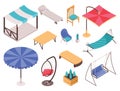 Isometric garden furniture isometric set with tent, wooden table and chair. Bed, bench, swing and hammocks with umbrella