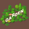 Isometric garden set, vector illustration. Green trees, bushes and flowerbeds for game or map. Title letters in