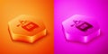 Isometric Garden sprayer for water, fertilizer, chemicals icon isolated on orange and pink background. Hexagon button