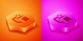 Isometric Garden sprayer for water, fertilizer, chemicals icon isolated on orange and pink background. Hexagon button