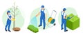 Isometric gardeners, farmers and workers caring for the garden, growing agricultural products, watering a vegetable