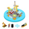 Isometric Gas and Oil Industry. Platform Drilling in Ocean. Fuel Production