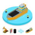 Isometric Gas and Oil Industry. Ship with Barrels. Fuel Production