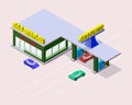 Isometric gas station with cars, gasoline pump nozzles, market, cafe and markings on the road