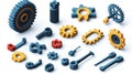 Isometric gears and tools, representing settings or engineering, 3D icon set no shadow, plain white background Royalty Free Stock Photo