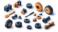 Isometric gears and tools, representing settings or engineering, 3D icon set no shadow, plain white background Royalty Free Stock Photo