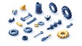 Isometric gears and tools, representing settings or engineering, 3D icon set no shadow, plain white background Royalty Free Stock Photo