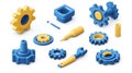 Isometric gears and tools, representing settings or engineering, 3D icon set no shadow, plain white background Royalty Free Stock Photo