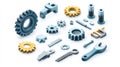 Isometric gears and tools, representing settings or engineering, 3D icon set no shadow, plain white background Royalty Free Stock Photo