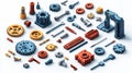 Isometric gears and tools, representing settings or engineering, 3D icon set no shadow, plain white background Royalty Free Stock Photo