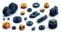Isometric gears and tools, representing settings or engineering, 3D icon set no shadow, plain white background Royalty Free Stock Photo