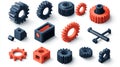 Isometric gears and tools, representing settings or engineering, 3D icon set no shadow, plain white background Royalty Free Stock Photo
