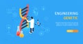 Isometric genetic engineering banner with scientist studying dna spiral vector