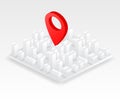 Isometric geolocation map with buildings and roads. Minimalistic navigation map. Location with pin pointer. Isometric