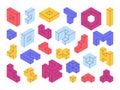 Isometric geometric shapes, 3d blocks, puzzle game elements. Mosaic logic game blocks, constructor cube block elements vector Royalty Free Stock Photo