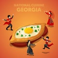 Isometric Georgia National Cuisine with Khachapuri and Georgian People in Traditional Clothes