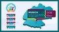 Isometric Germany country map tagged in Munich stadium which will be held football matches vector illustration. Football 2020 2021