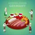 Isometric Germany National Cuisine with Sausage Plate and German People in Traditional Clothes