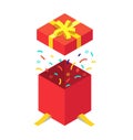 Isometric gift box with flying confetti. Open flat present for happy sale, shopping. Red giftbox with ribbon for decor on birthday