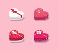 Isometric gift boxes set for Valentine`s Day banner or greeting card. Heart shaped presents collection on pink background