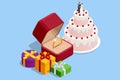 Isometric gift boxes for wedding day. Wedding cake with berries, figurines of bride and groom on top. diamond engagement Royalty Free Stock Photo