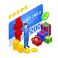 Isometric Gift voucher and Online shopping app, Shopping online. Holiday celebration concept. Royalty Free Stock Photo