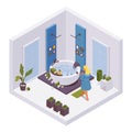 Isometric girl in a bathrobe going in spa or hot tub at home or hotel design example. Collection with water and bathroom