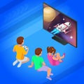 Isometric girl and boys play video game on TV using Gamepad. Driving rocket in video game. Gaming addiction concept.