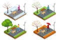 Isometric girl in casual clothes walking in park with golden retriever. Season winter, spring, summer, autumn. Pet care