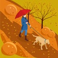 Isometric girl in casual clothes walking in park with golden retriever. Season winter, spring, summer, autumn. Pet care