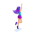 Isometric girl jumping, having fun, happy with colorful hair, concept of magical bright hair, rear view, bright pink and blue hair