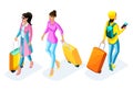 Isometric girl in a pink coat with a suitcase, girl in bright clothes and a creative hairdress with a suitcase, airport