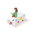 Isometric girl sitting on sofa. Vector illustration decorative design