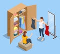 Isometric girl stands near an open wardrobe and chooses clothes. Woman tries on clothes and looks in the mirror