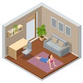 Isometric girl watching online classes on laptop, practicing yoga, meditation. Live stream, internet education. Healthy