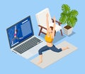 Isometric girl watching online classes on laptop, practicing yoga, meditation. Live stream, internet education. Healthy