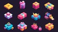 An isometric giveaway open and close mystery bag with money is a classic icon of a ribbon gift box in a mobile game