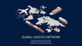 Isometric global logistics network concept. Air, cargo trucking rail, transportation maritime shipping, delivery by DRON Royalty Free Stock Photo