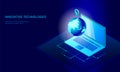 Isometric global networking planet Earth business concept. Blue glowing isometric personal information data connection