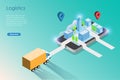 Isometric global online logistics. Delivery truck on the road to smart phone screen map delivery shipment to customer