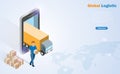 Isometric global online logistics. Man and truck from smart phone screen deliverly shipment to customer with world map background