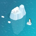Isometric global warming concept. Polar bear and penguin on ice floe. Melting iceberg and global warming. Climate change