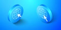 Isometric Go To Web icon isolated on blue background. Globe and cursor. Website pictogram. World wide web symbol. Blue