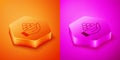 Isometric Gold bars in hand icon isolated on orange and pink background. Banking business concept. Hexagon button Royalty Free Stock Photo